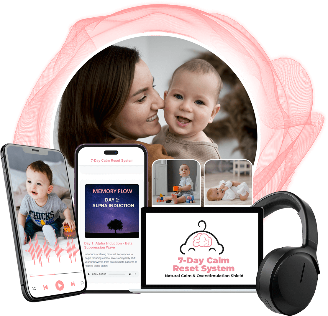 7-Day Calm Reset System with mother, baby, devices, and headphones